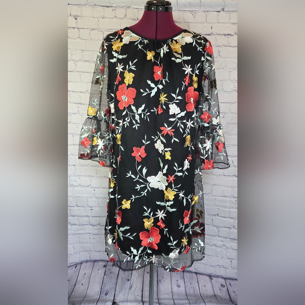 ECI Black Dress with Red and Yellow Floral Design